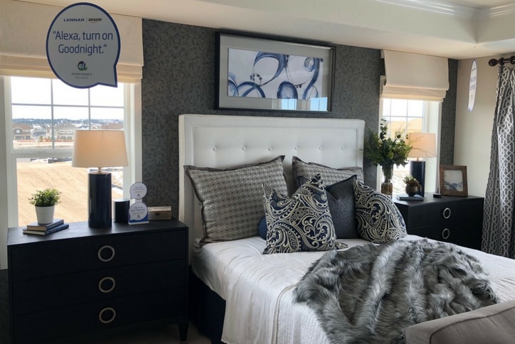 Lennar model home master bedroom at Inspiration Community near Parker CO