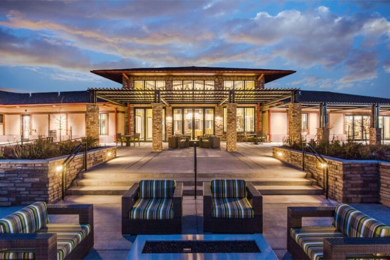 Hilltop Club Amenity Center at Sunset in Inspiration Parker Colorado